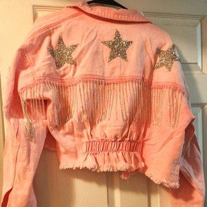 NWT Blue B Denim Cropped Pink Jacket with Fringe Rhinestones and Sparkling Stars